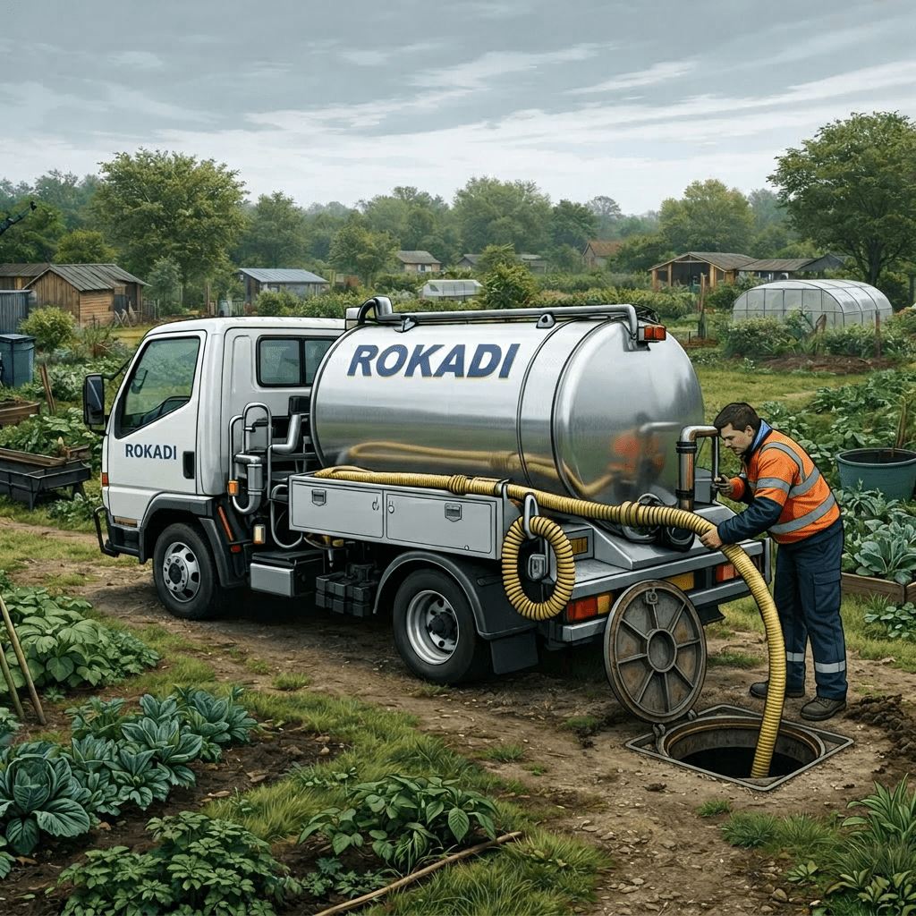 Wastewater disposal truck with worker cleaning a street manhole.