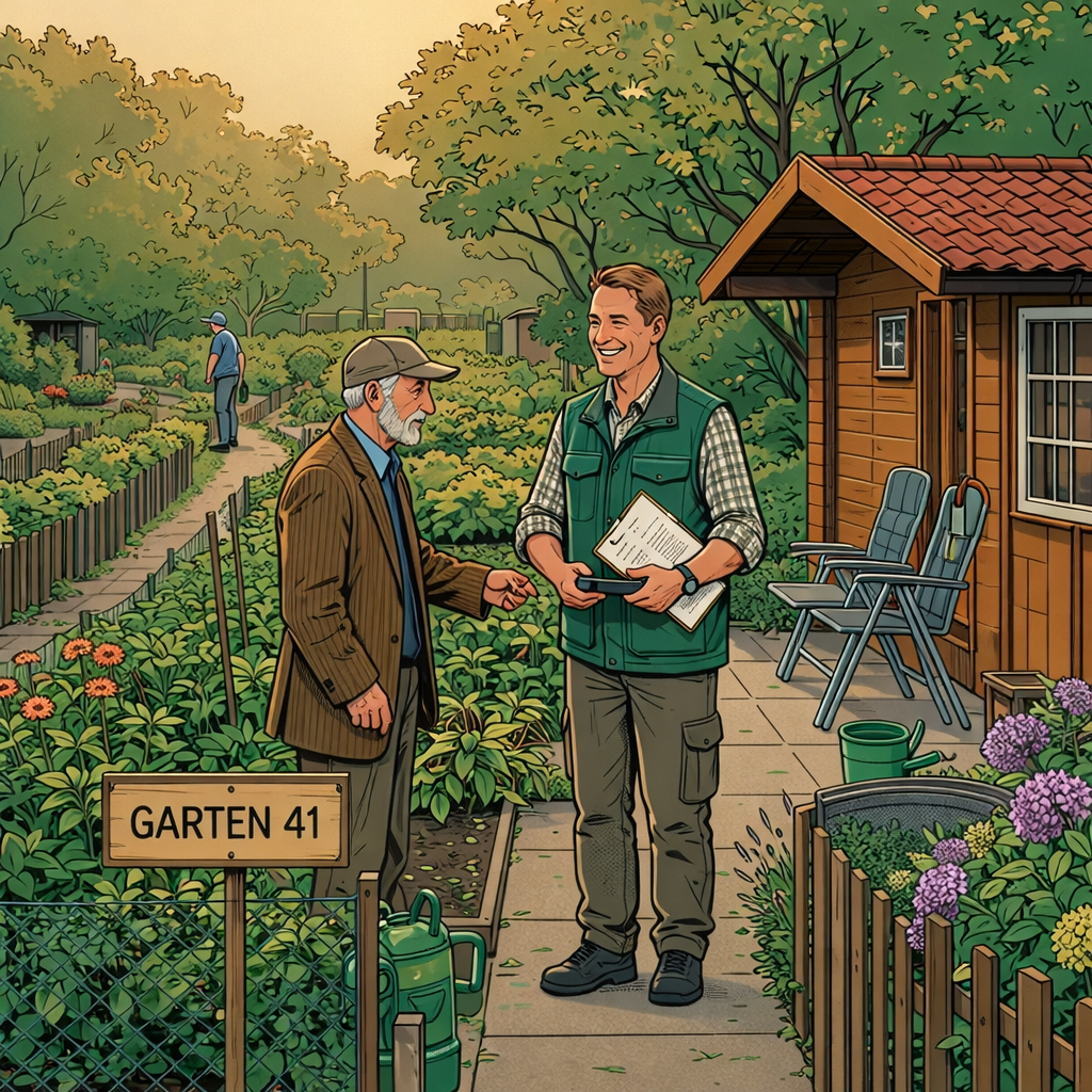 Two men talking in a garden allotment with a sign about garden valuation